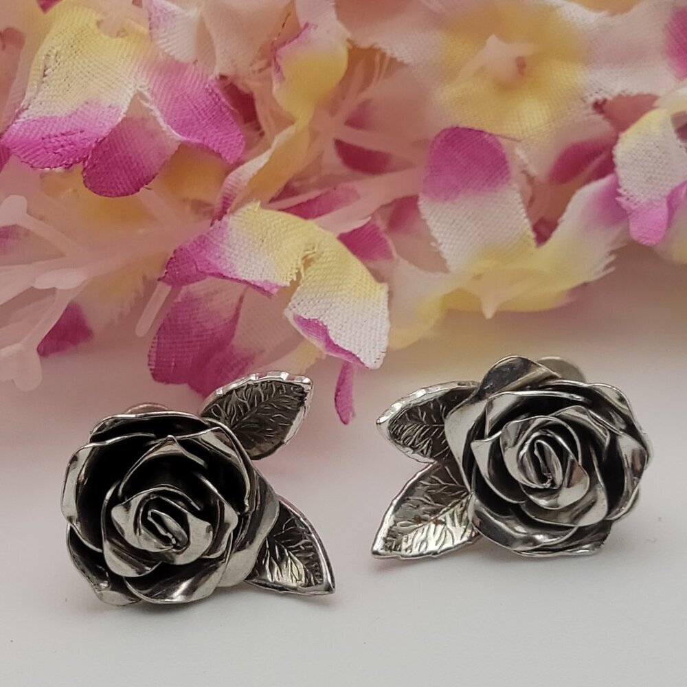 Vintage Signed Coro Silver-Tone Metal Carved Rose Earrings Screw Back Stud 21mm